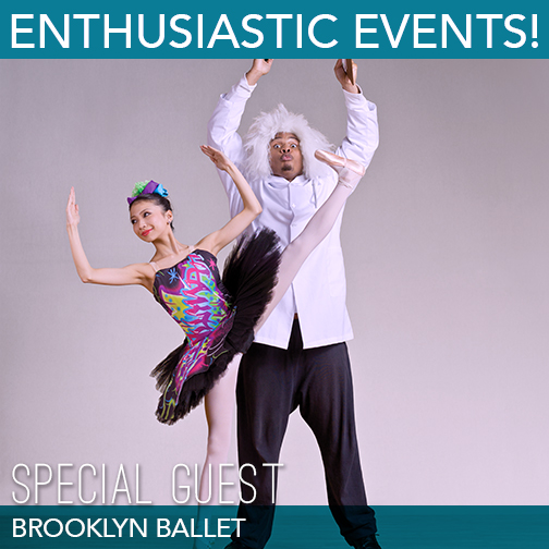 A ballet dancer from Brooklyn Ballet displays a side tilt on point while her hip hop collaborator jumps behind her in a wild white wig